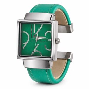OsirockWomen Cuff Watch Green Square Face Silver Tone Stainless Steel Japan Movt